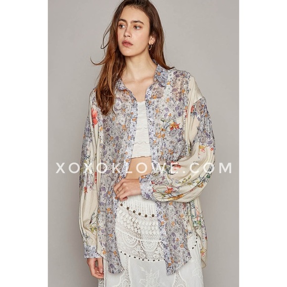 POL Lavender Cream Mixed Floral Print Button Down Shirt Oversized - Picture 10 of 14